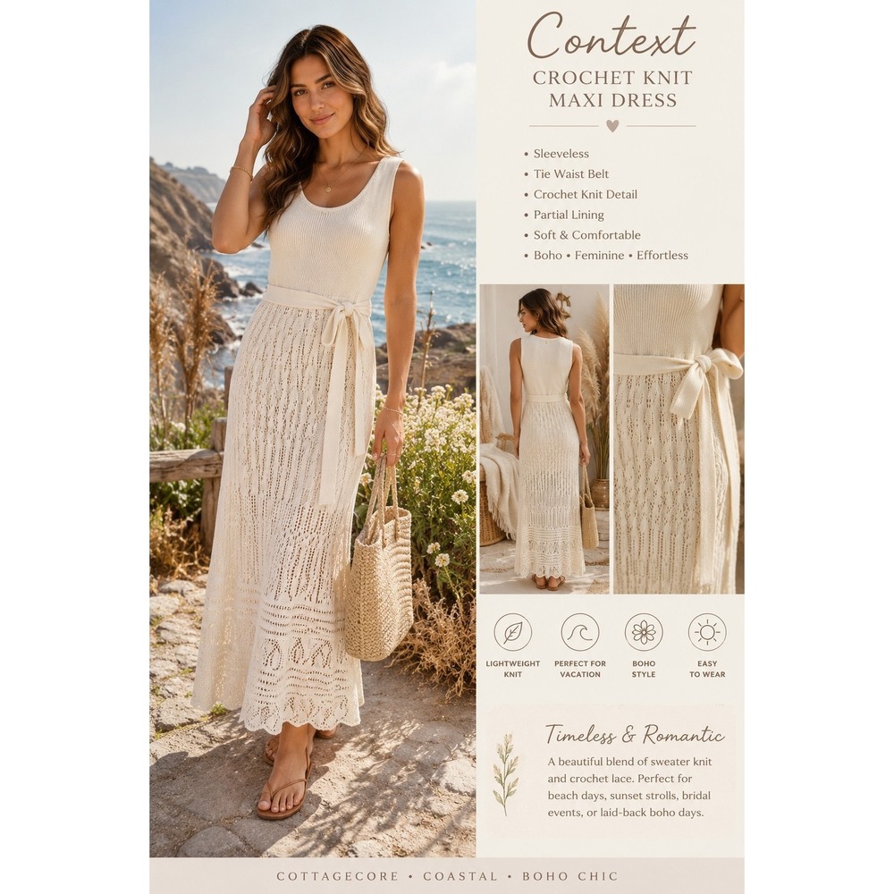 Context Womens Cream Crochet Knit Maxi Dress Sleeveless Tie Waist Boho Womens MD